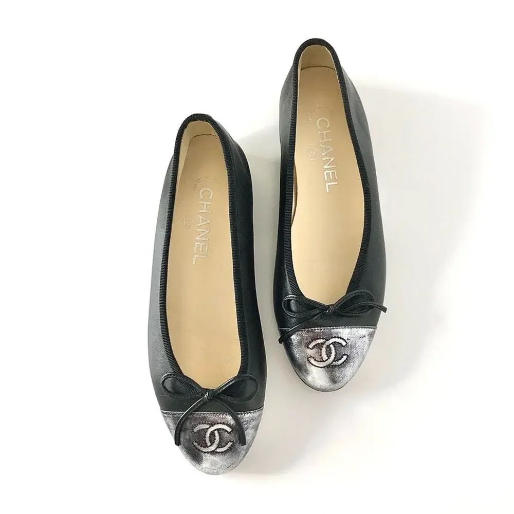 Chanel CC Logo Bow Detail Gunmetal Black Two Tone Leather Ballerina Flats 36